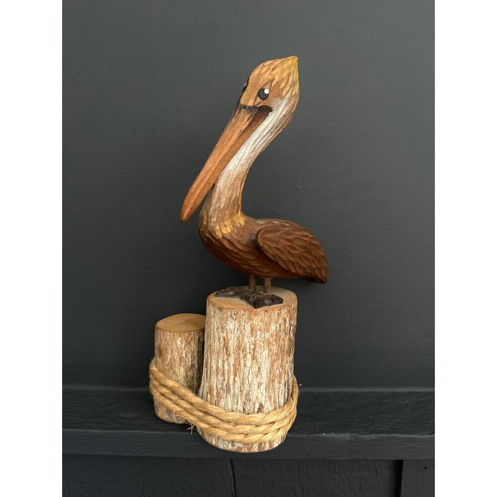 Vintage Hand Carved Hand Painted Wood Pelican Statue on Pilings Nautical Coastal